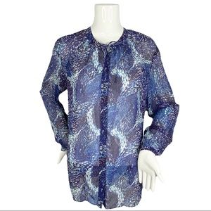 Rachel Zoe 100% Silk Button Up Blue White Patterned Long Sleeve Blouse Top 8